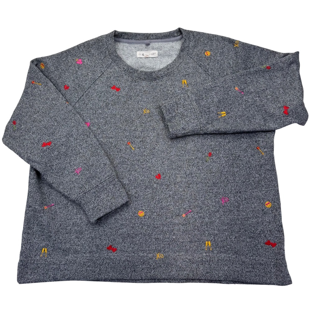 Lou & Grey for LOFT Gray Embroidered Heart Rose Sweatshirt Women Large Raglan
